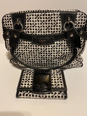 Coach Black & White Signature Vintage OP Art Satchel with Matching Wallet